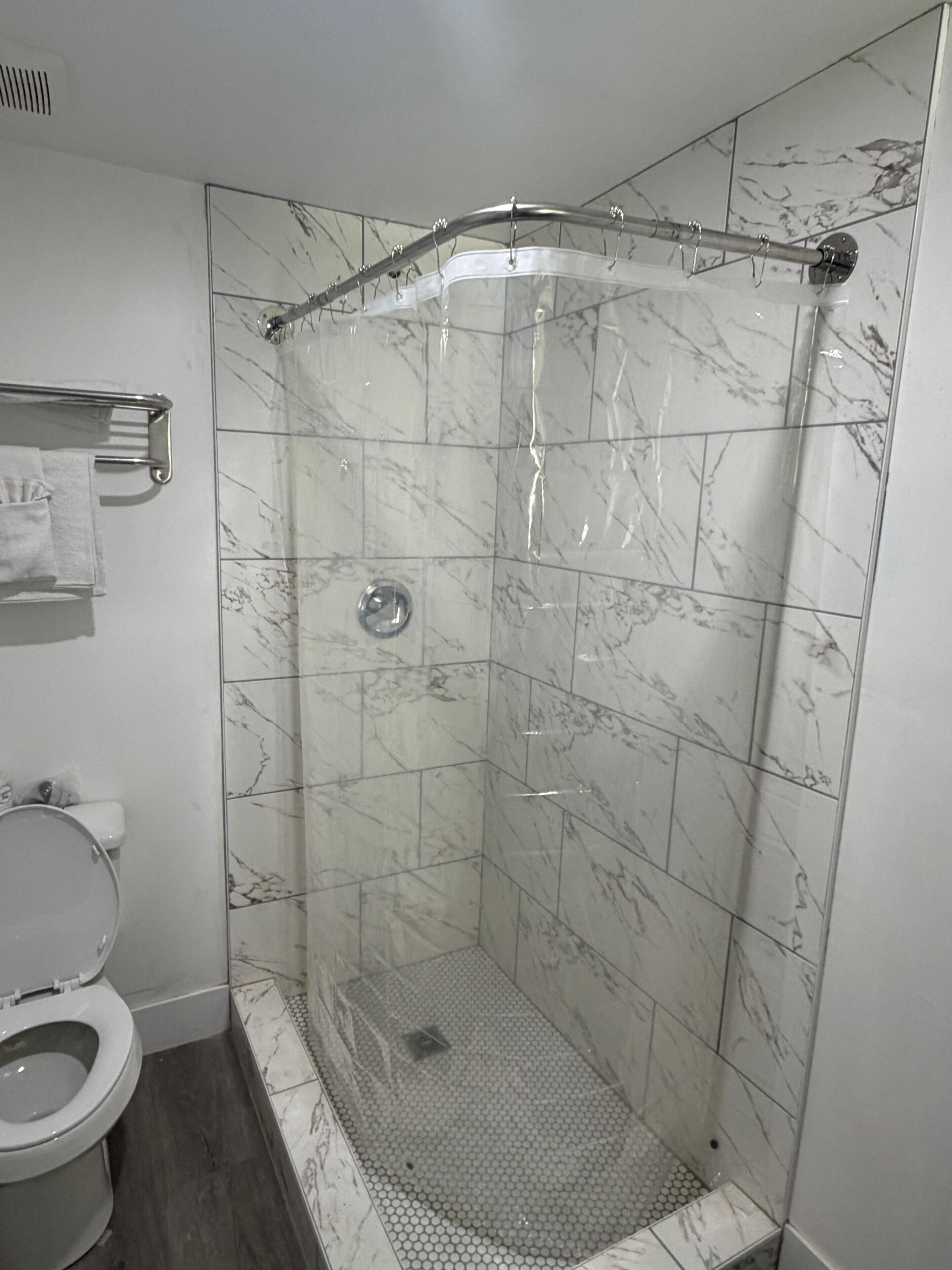 A bathroom with a shower, toilet, and a towel rack.