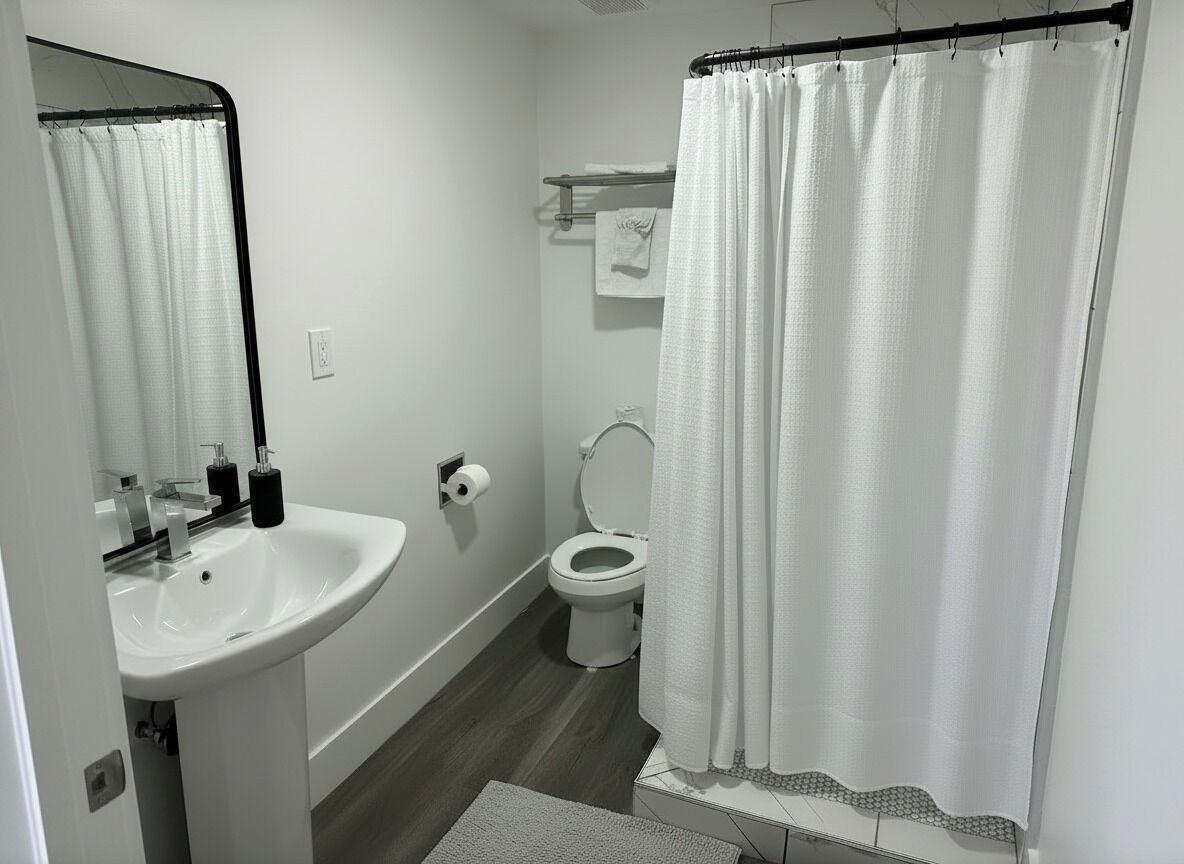 Une salle de bain avec un lavabo blanc, des toilettes et un rideau de douche.