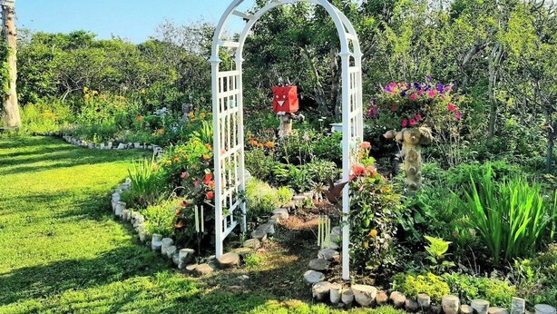 A garden with a white metal archway, surrounded by various plants and flowers. - 270° Stunning Ocean View & 4 Private Epic Gardens! (Terence Bay)