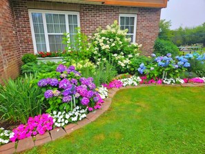 Una casa de ladrillo con un jardín bien cuidado y una gran variedad de flores y arbustos.