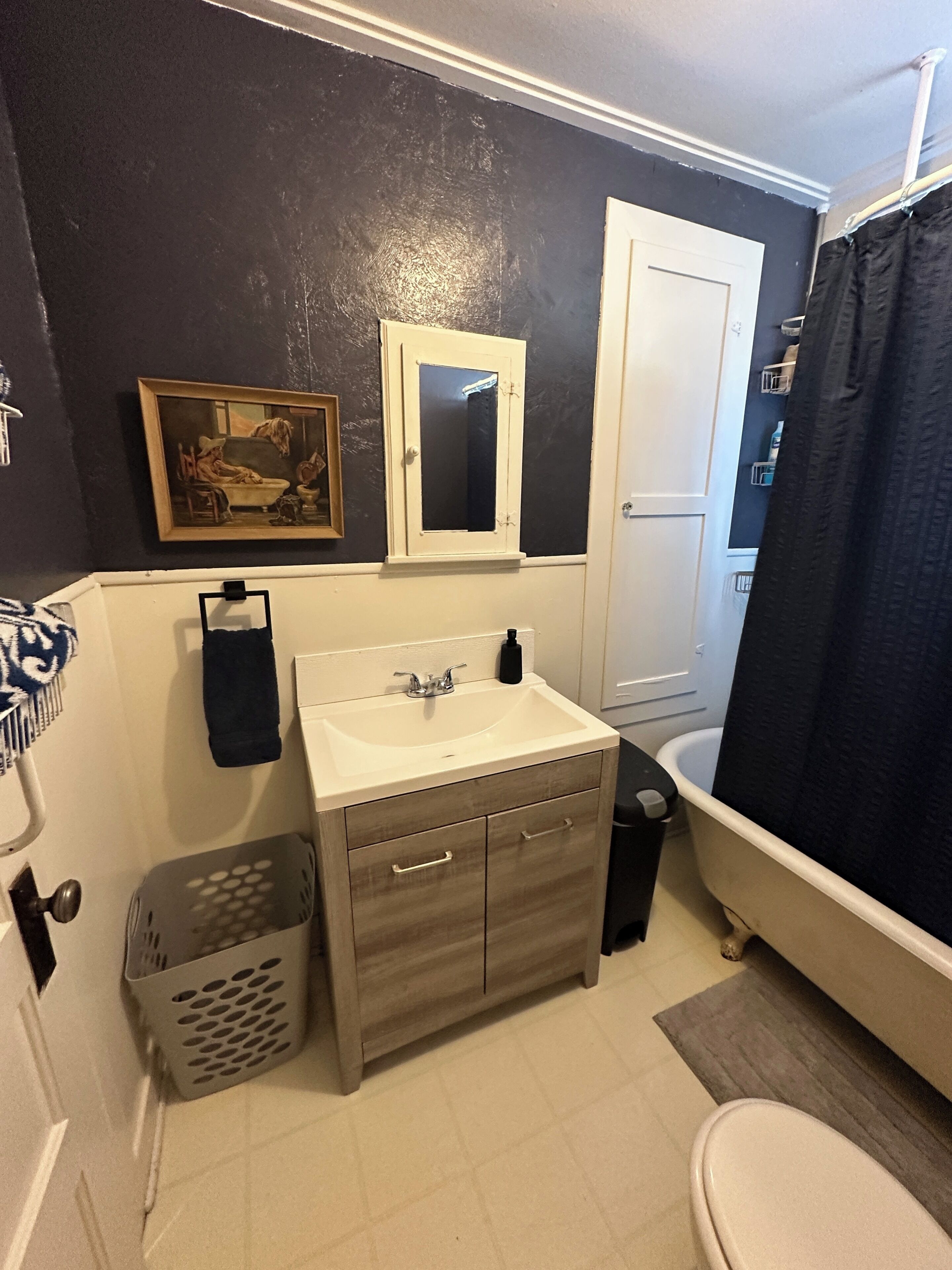 Hair dryer, towels, soap, toilet paper