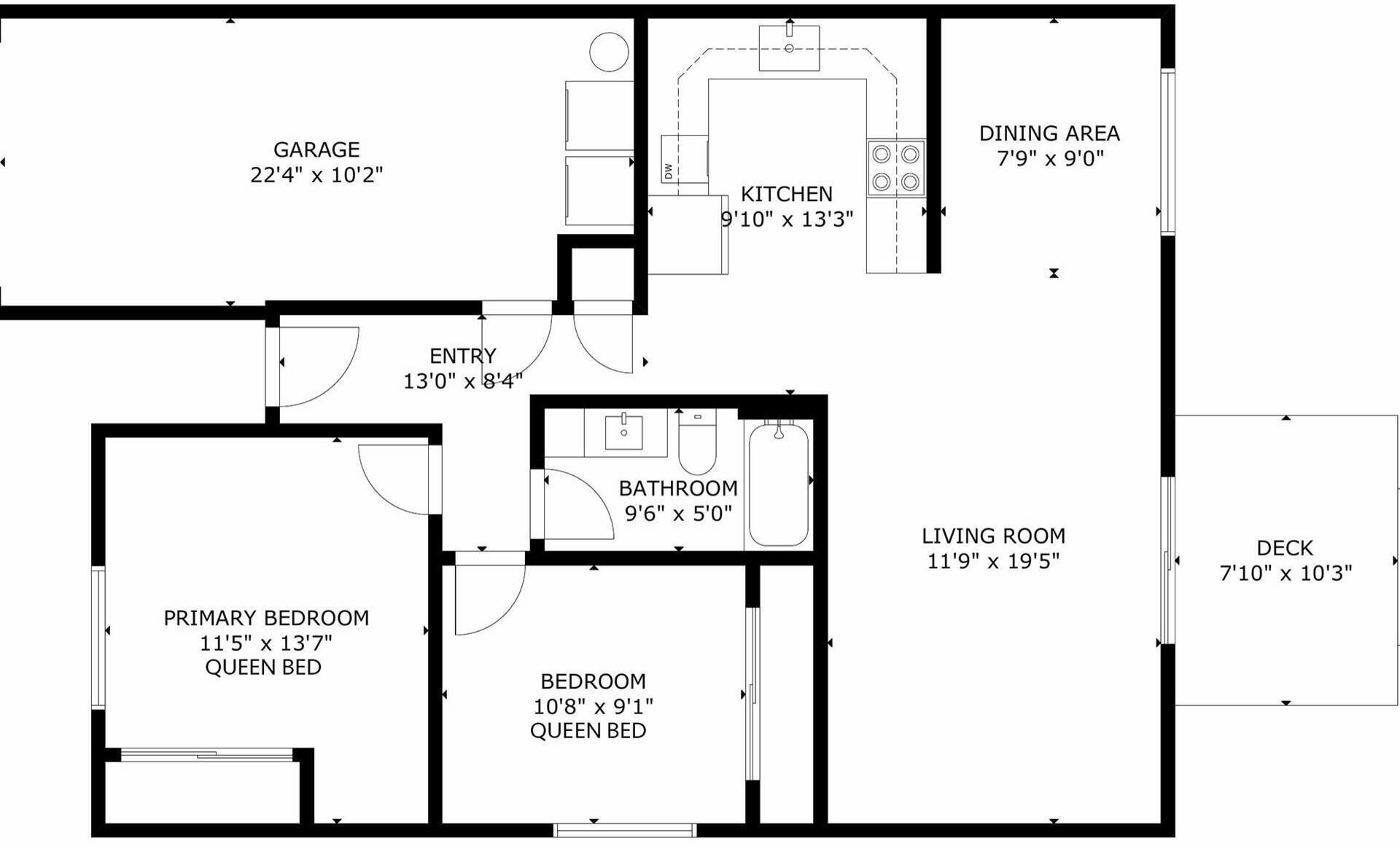 A floor plan with a garage, kitchen, dining area, living room, primary bedroom, and two bedrooms.