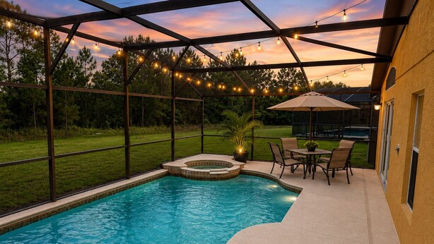 Een zwembad met een jacuzzi, omgeven door een overdekt terras met stoelen en een parasol.