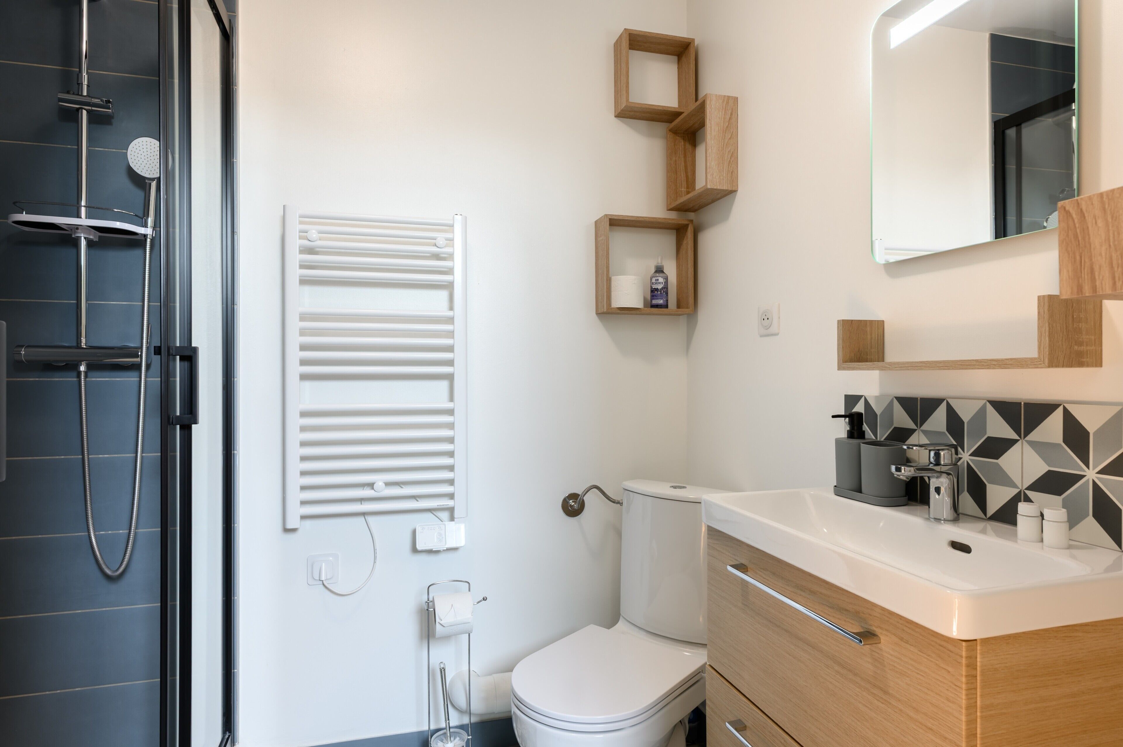 Shower, hair dryer, towels