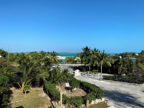 A coastal road with palm trees, a clear blue sky, and a distant view of the ocean. - HILLSIDE TWO BEDROOM VILLA - OCEANVIEW (Georgetown)