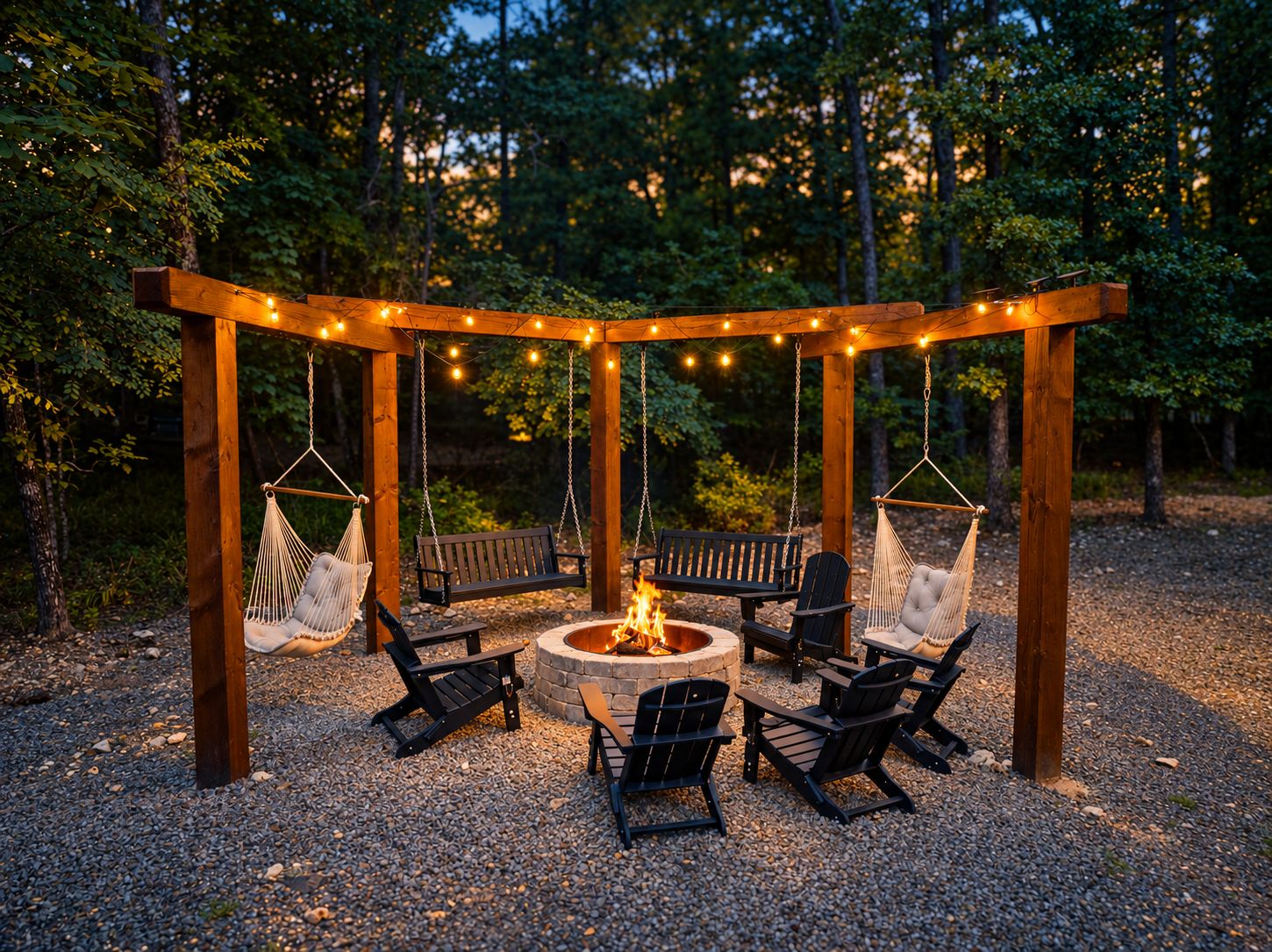 A wooden gazebo with a fire pit, seating, and string lights.