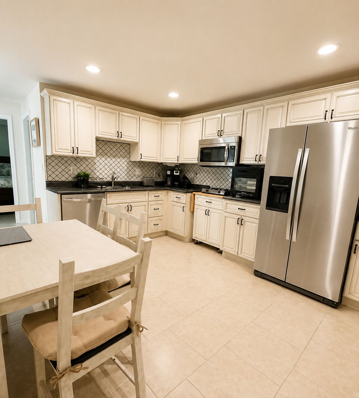 Una cocina moderna con armarios blancos, electrodomésticos de acero inoxidable y un comedor con mesa y sillas de madera.