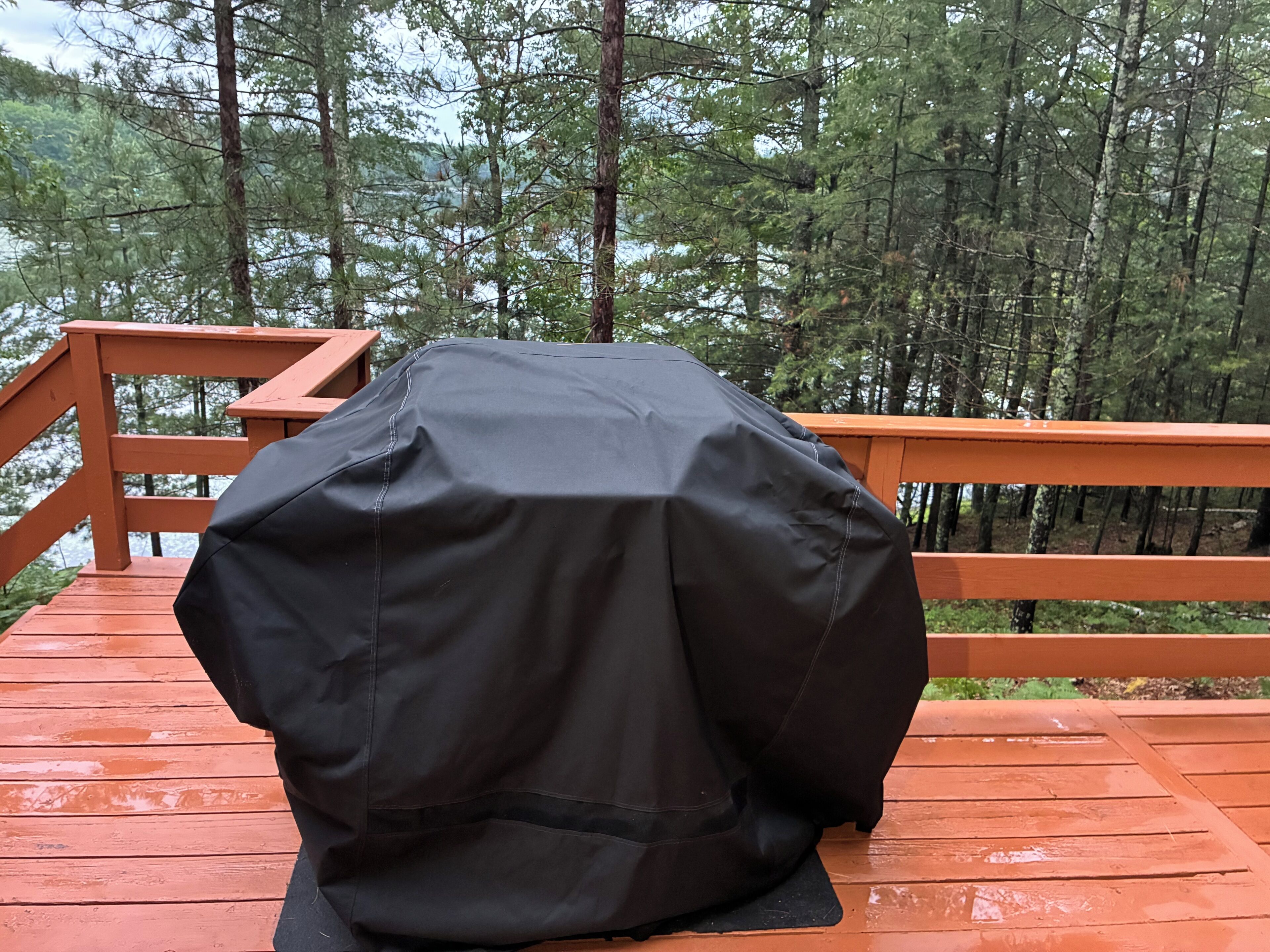 Een overdekte barbecue op een houten terras, met een bos op de achtergrond.