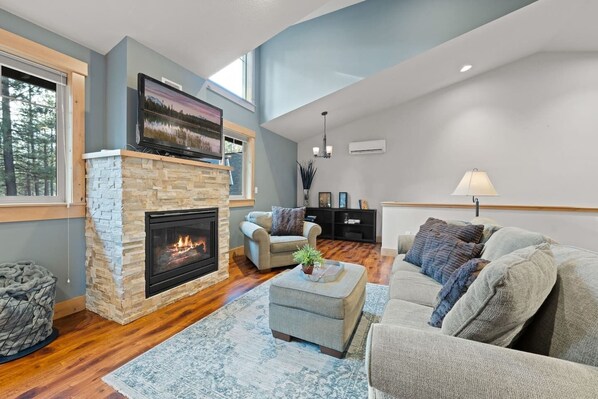 Smart TV, fireplace, books