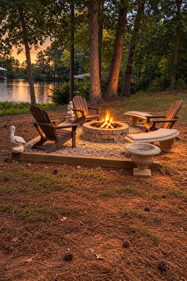 A fire pit with seating and a pond in the background.