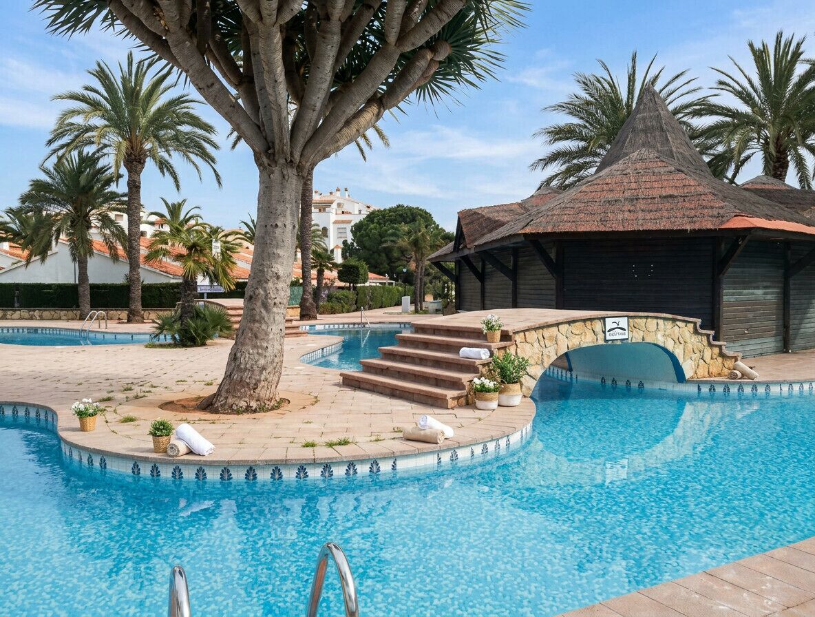 Una piscina con un puente de piedra, palmeras y una estructura con techo de paja.