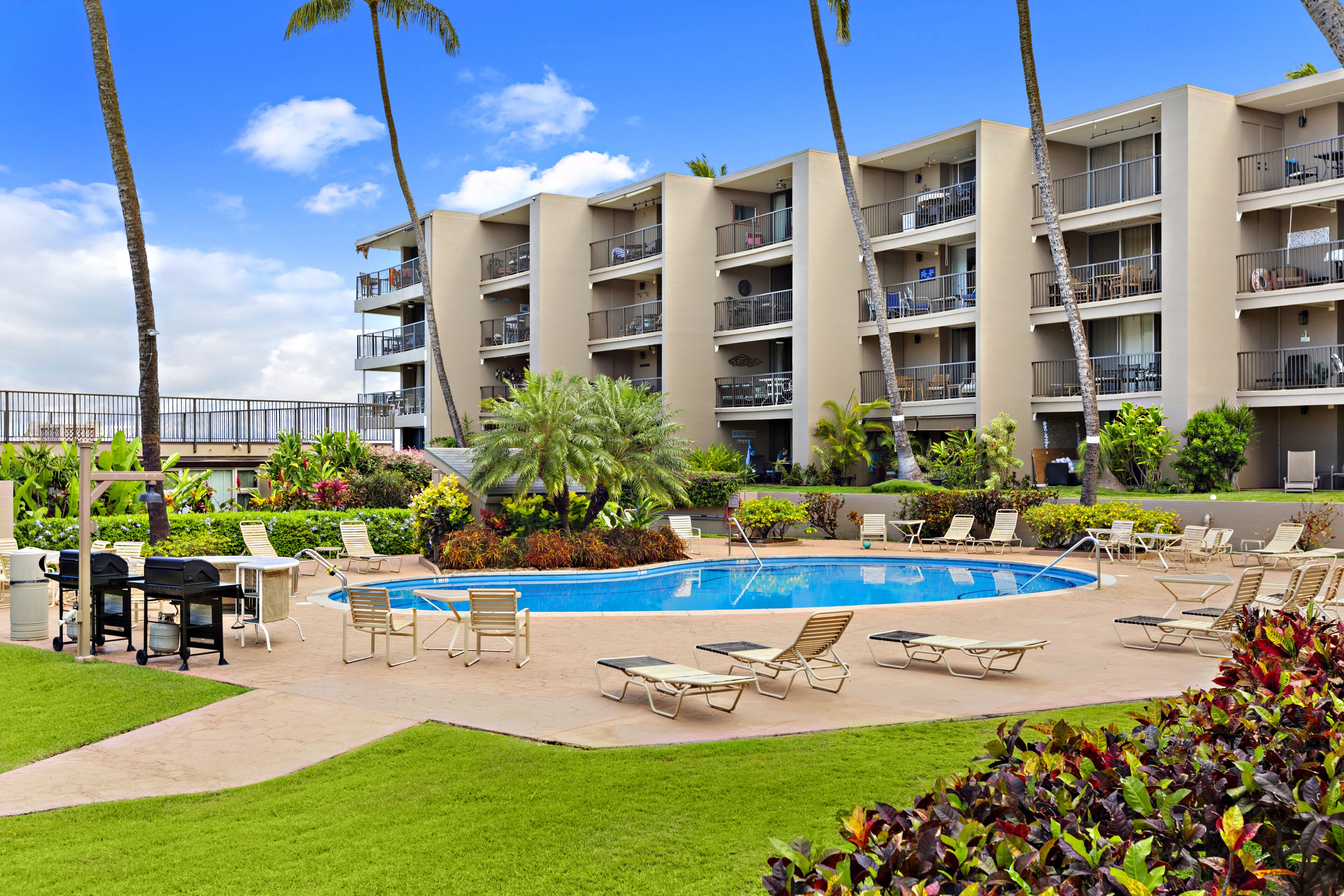 A hotel with a swimming pool, lounge chairs, and palm trees.