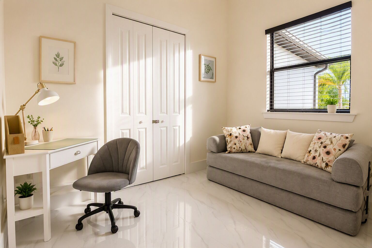 Una habitación con escritorio, silla y sofá, una puerta blanca y una ventana con persianas.