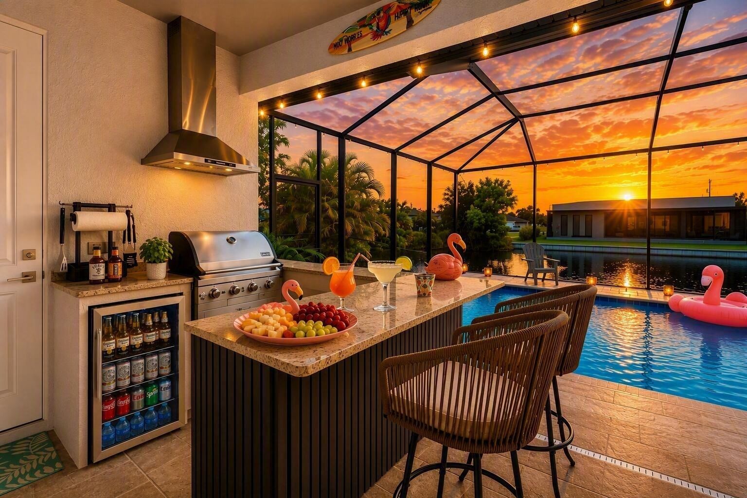 A poolside bar with a grill, bar stools, and a sunset view.