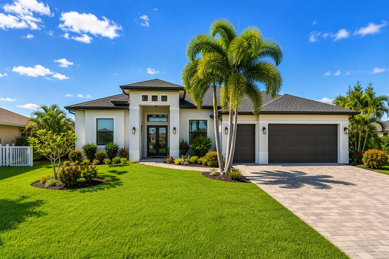 A modern two-story house with a well-maintained lawn, a driveway, and a garage.