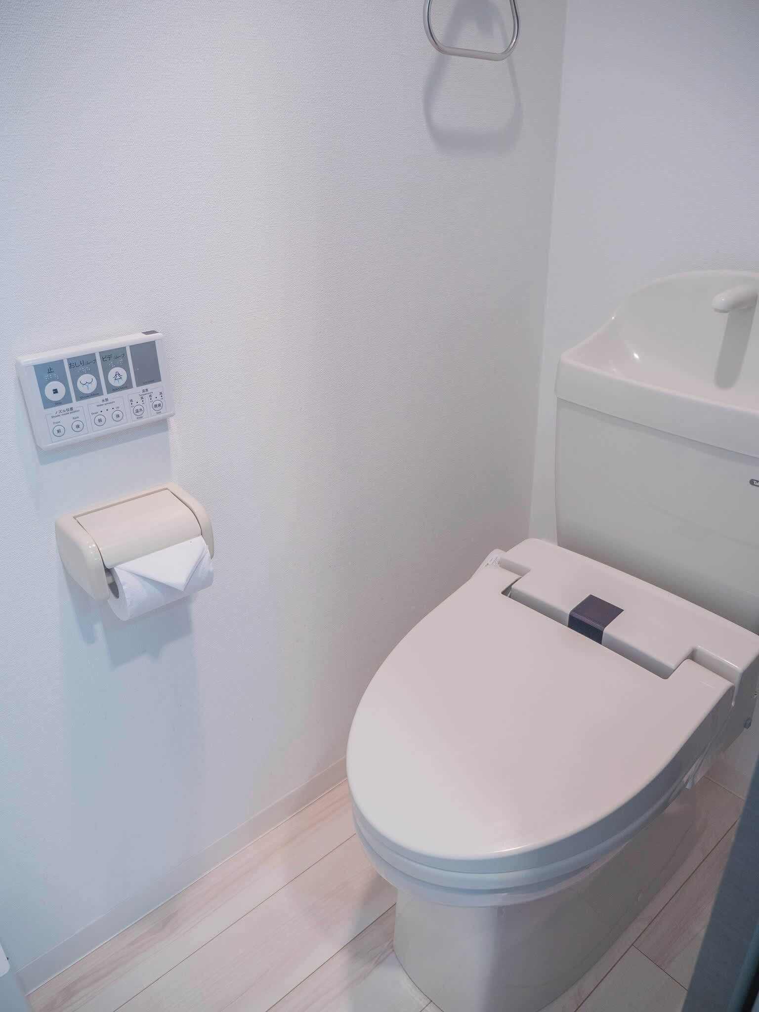 A toilet with a bidet attachment, a toilet paper holder, and a control panel with buttons and symbols.
