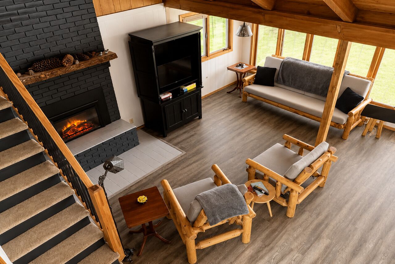 Smart TV, fireplace, DVD player, books
