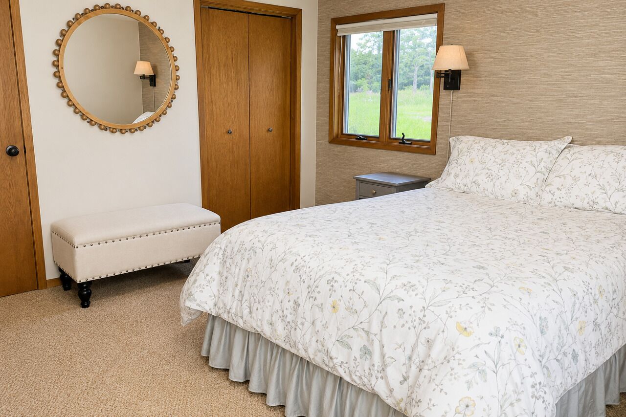 A bedroom with a bed, a bench, a mirror, a window, and a lamp.
