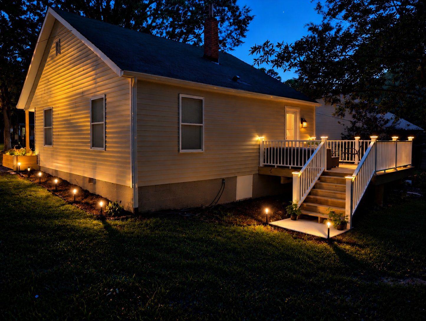A two-story house with a front porch and a staircase leading to the second floor.
