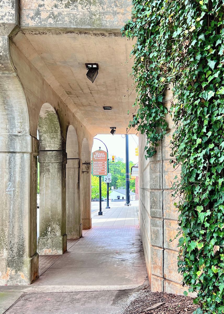 An arched stone structure with a sidewalk underneath, a street sign, and a wall covered in ivy.