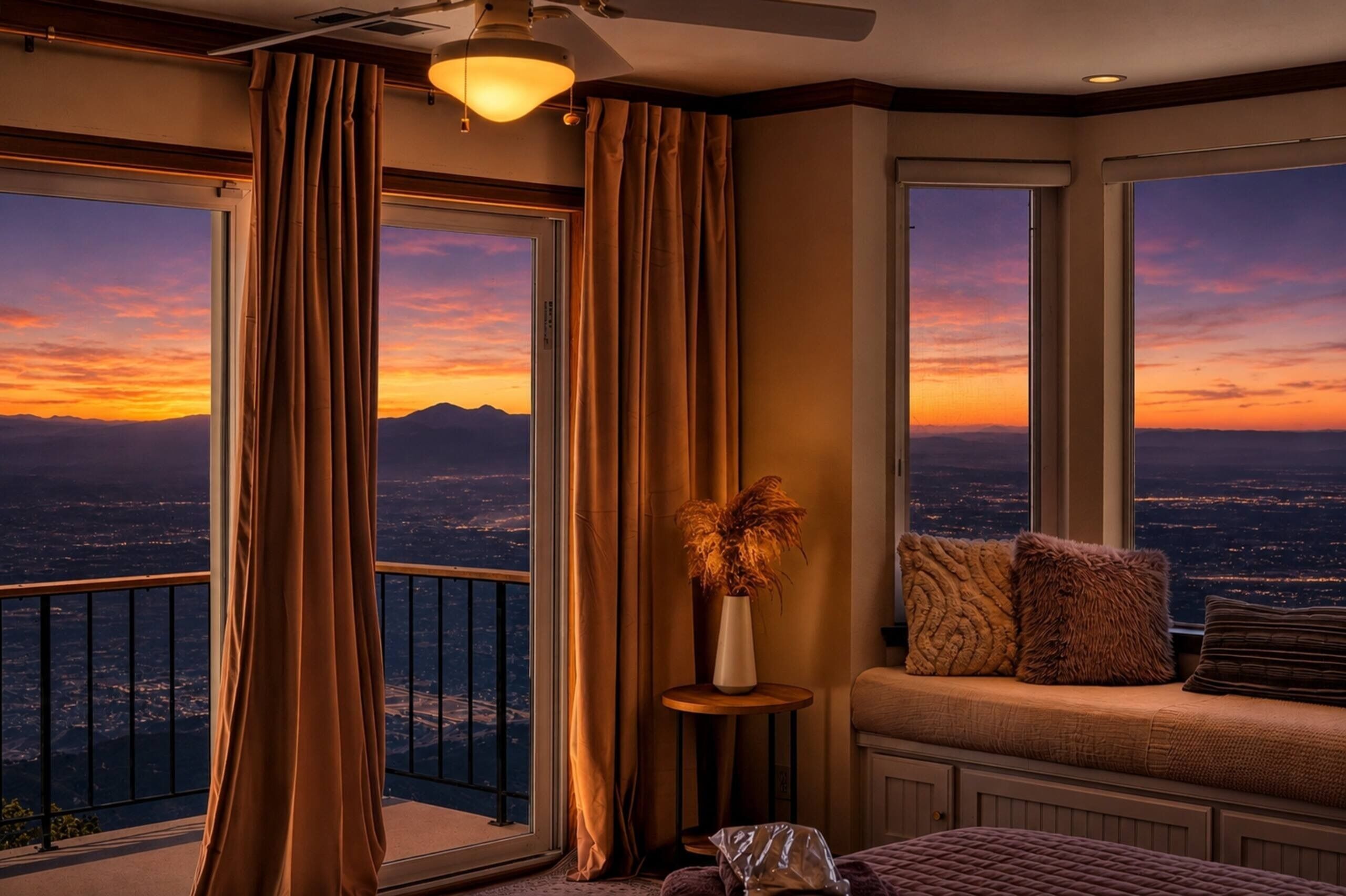 A room with large windows, a ceiling fan, a vase with dried plants, and a cushioned bench with pillows.