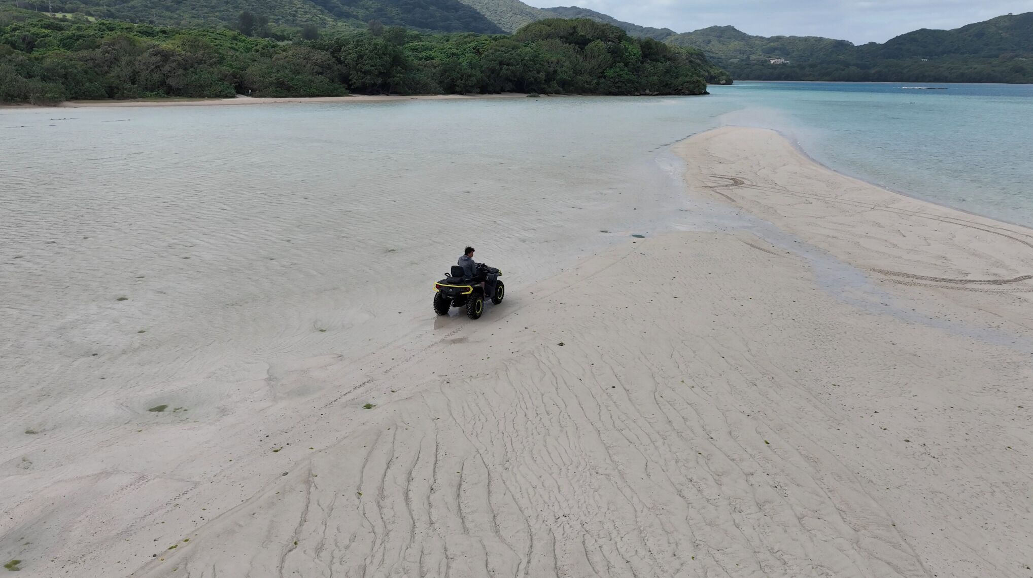 A sandy beach with a person riding a quad bike.