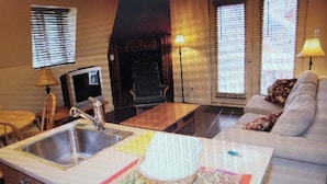 Ein kompakter Wohnbereich mit Küchenzeile, einer Couch, einem Fernseher und einem Kamin.