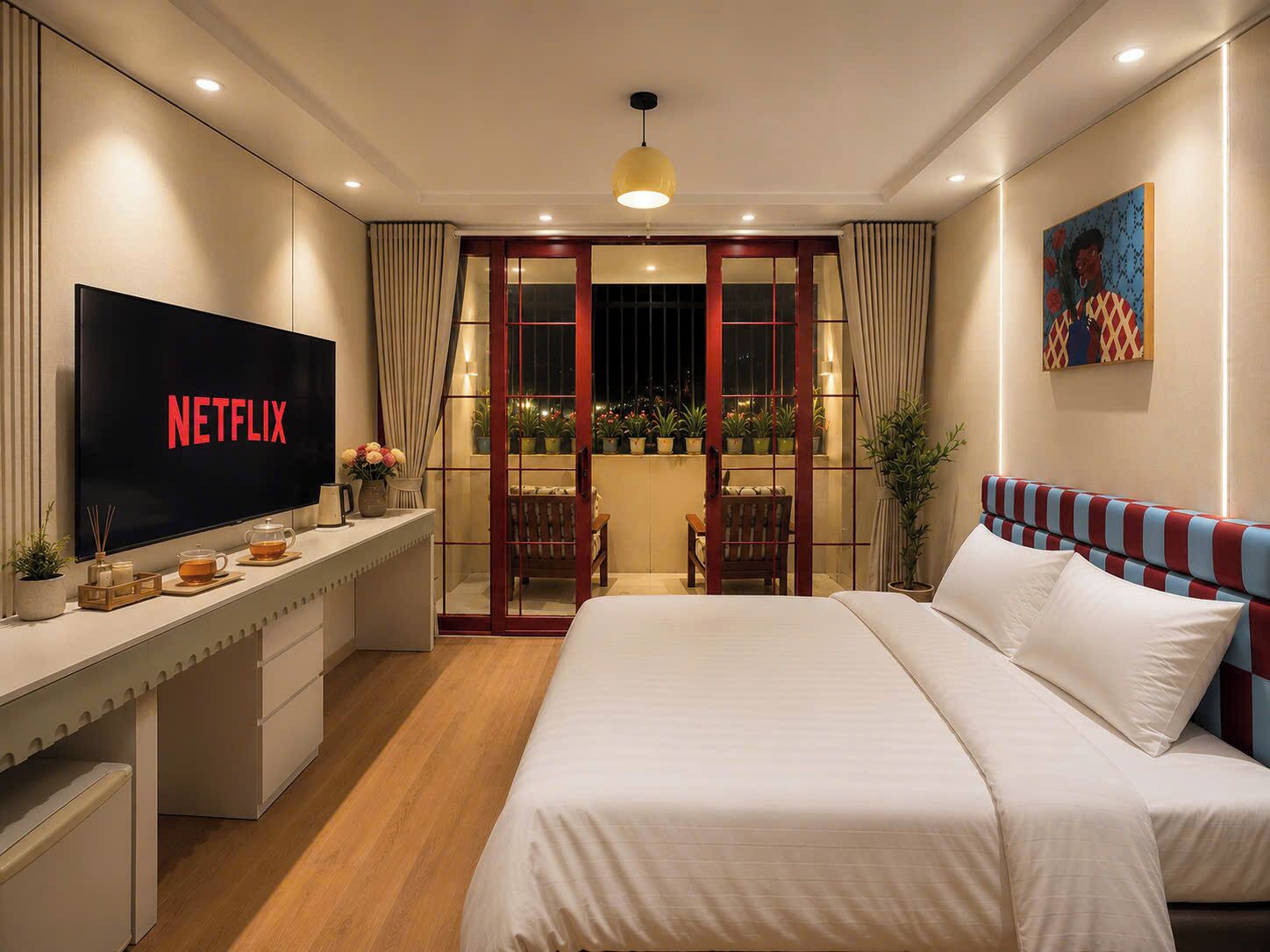 Une chambre d’hôtel moderne dotée d’un grand lit, d’un bureau avec un téléviseur à écran plat, d’un balcon agrémenté de plantes et d’un tableau au mur.
