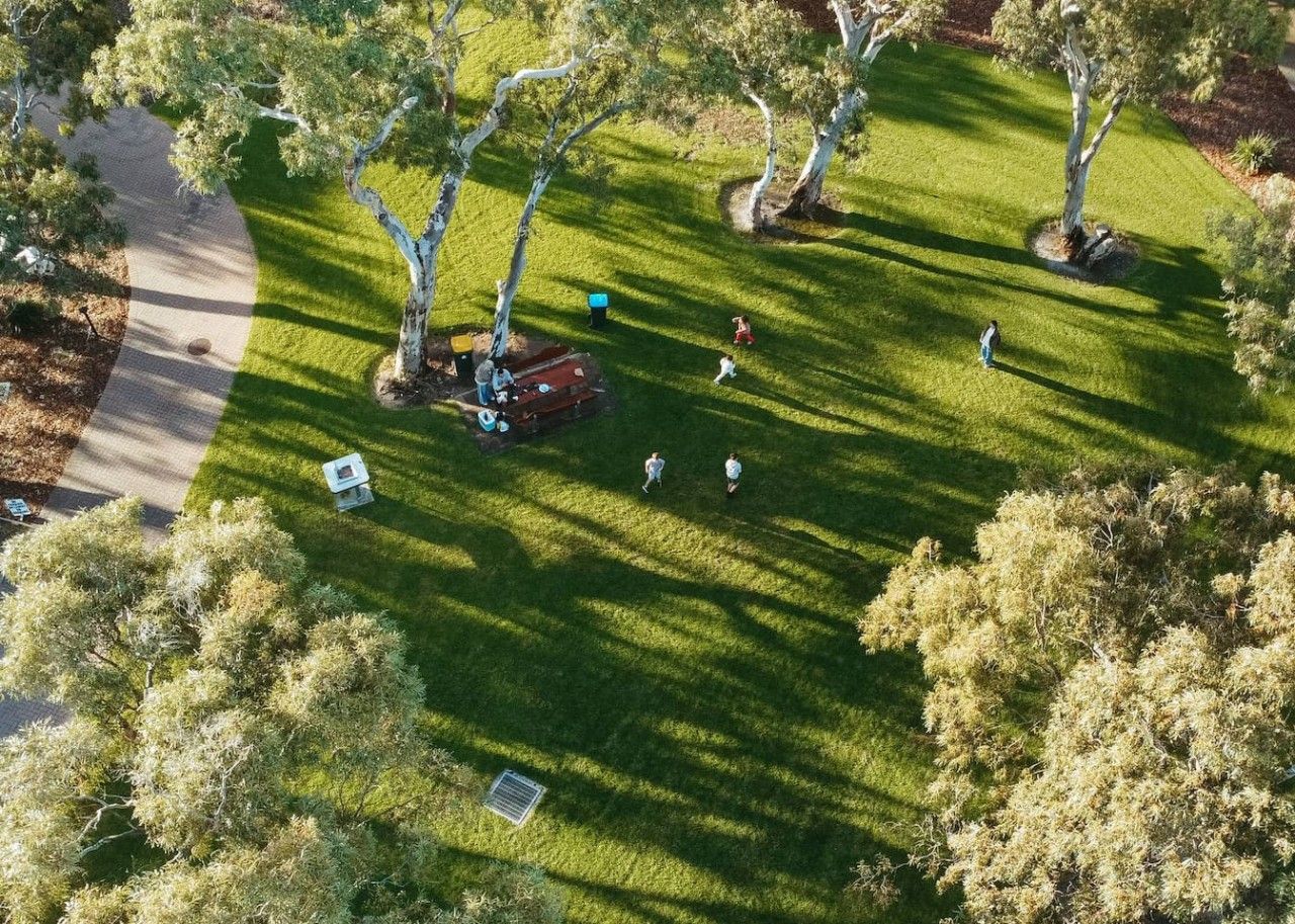 An aerial view of a park with a picnic area, trees, and a walking path.