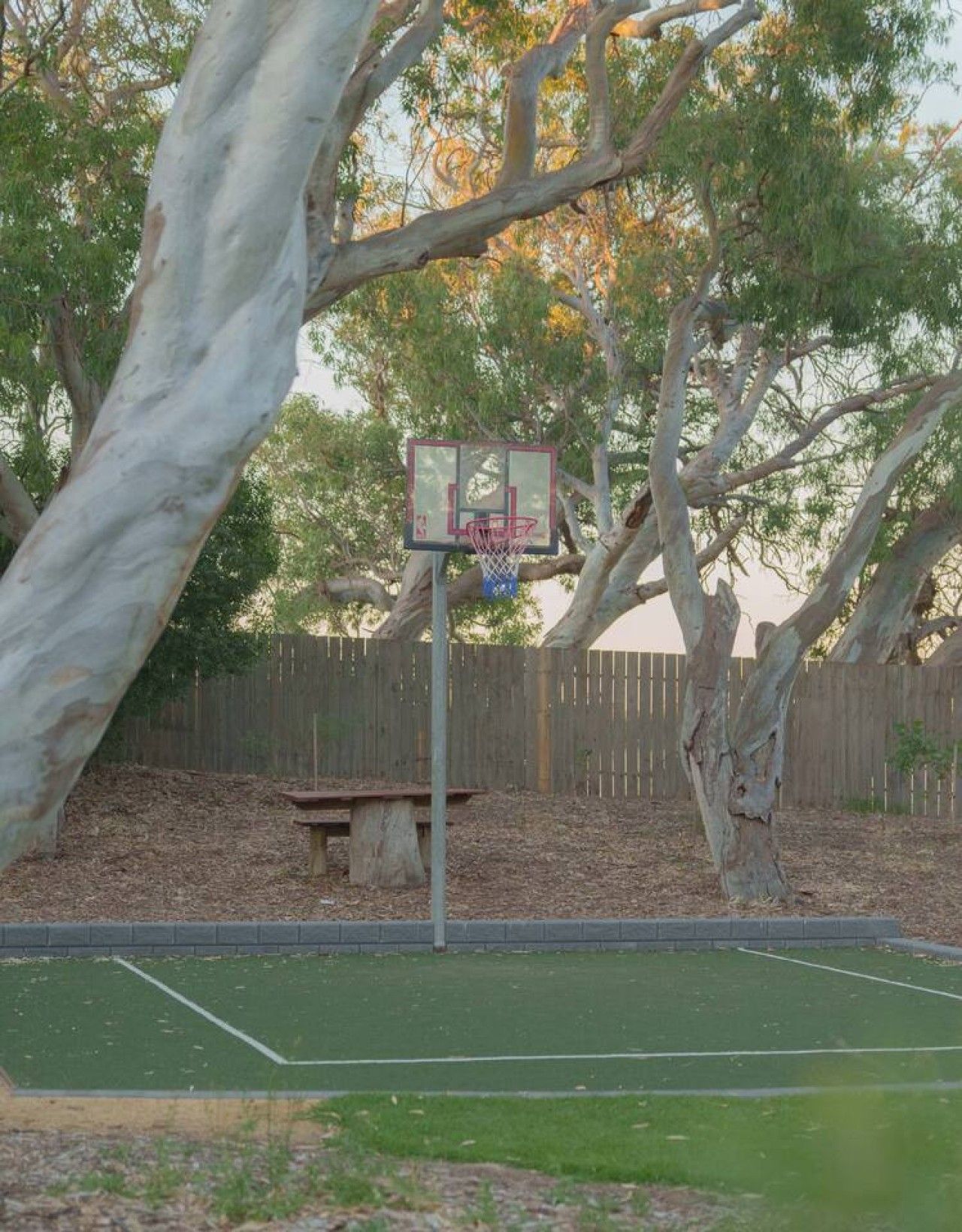 Un terrain de basket avec un panier, entouré d’arbres et d’une clôture en bois.
