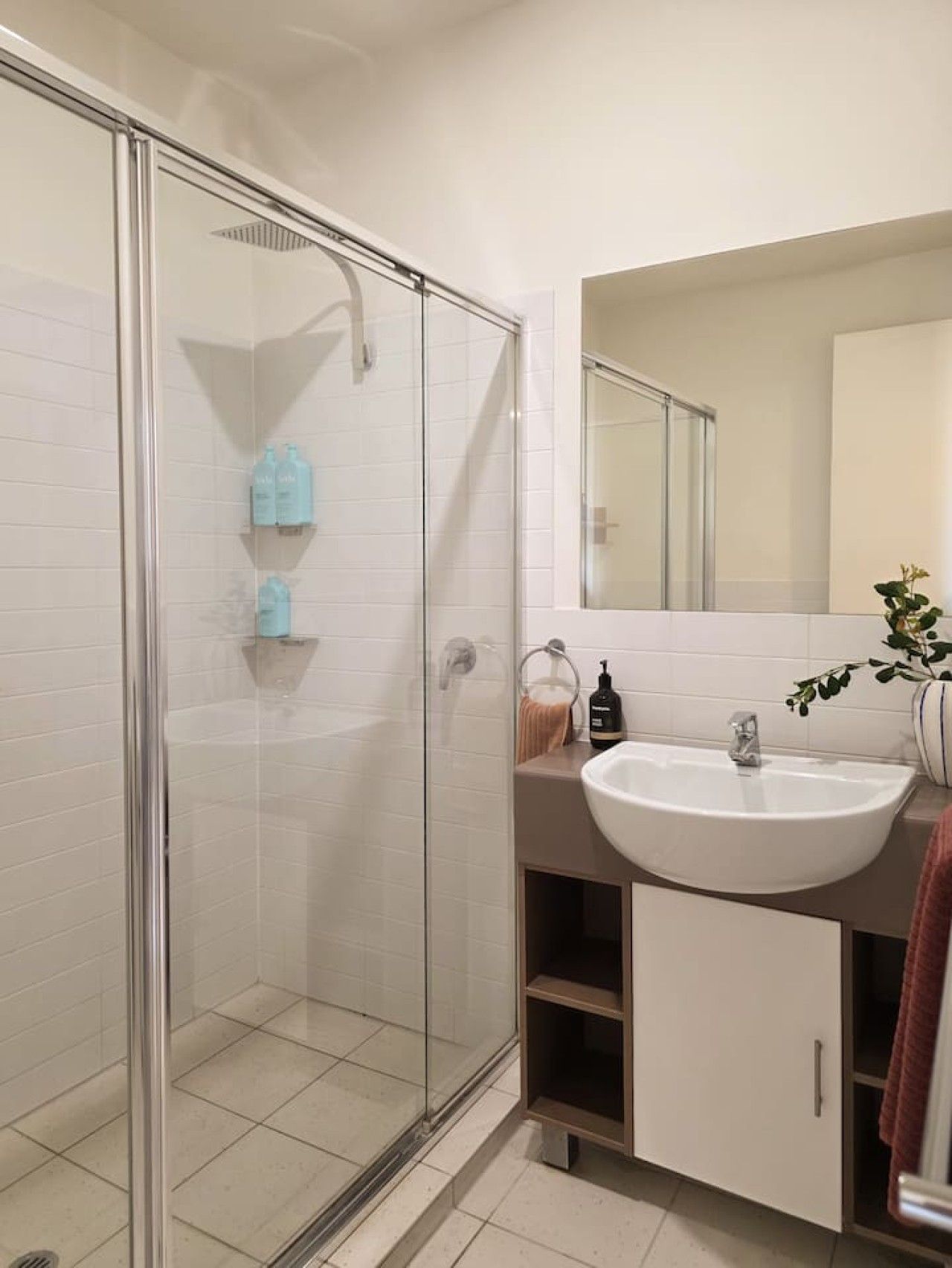 A modern bathroom with a glass-enclosed shower, a white sink, and a mirror above it.