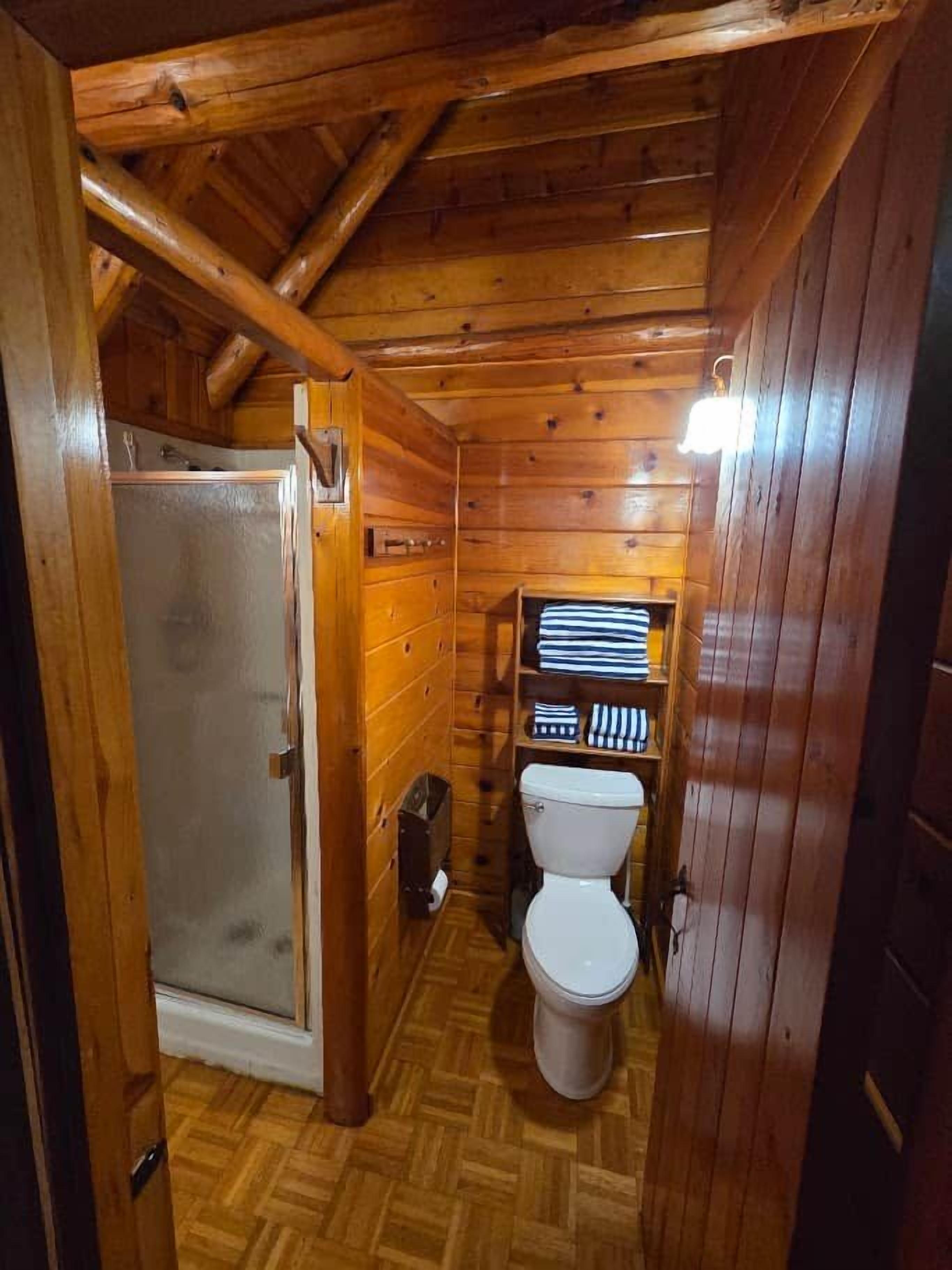 A wooden cabin bathroom with a shower, toilet, and storage shelves.