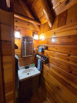 Un baño tipo cabaña de madera con lavamanos, espejo y perchero.