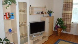 Ein Wohnzimmer mit Fernseher, Regalen mit Büchern und Glaswaren sowie Zimmerpflanzen.
