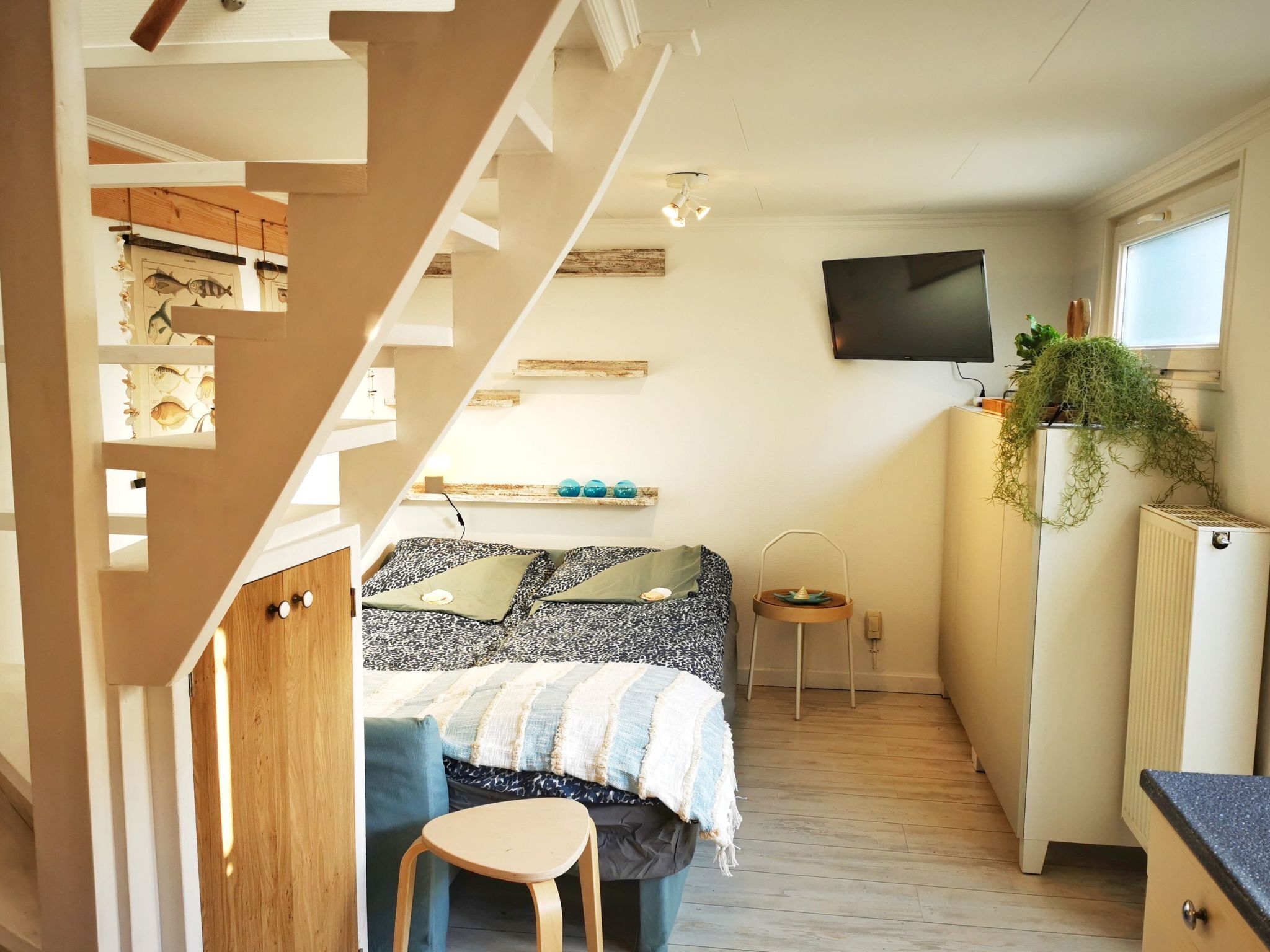 Una habitación compacta con cama, un taburete pequeño, televisión y radiador.