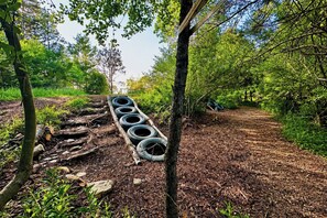 A forested area with a path lined with tires. - The Whole SquatchVilla: Private 4-Cabin Bigfoot Retreat Near Allegheny NF (Marienville)