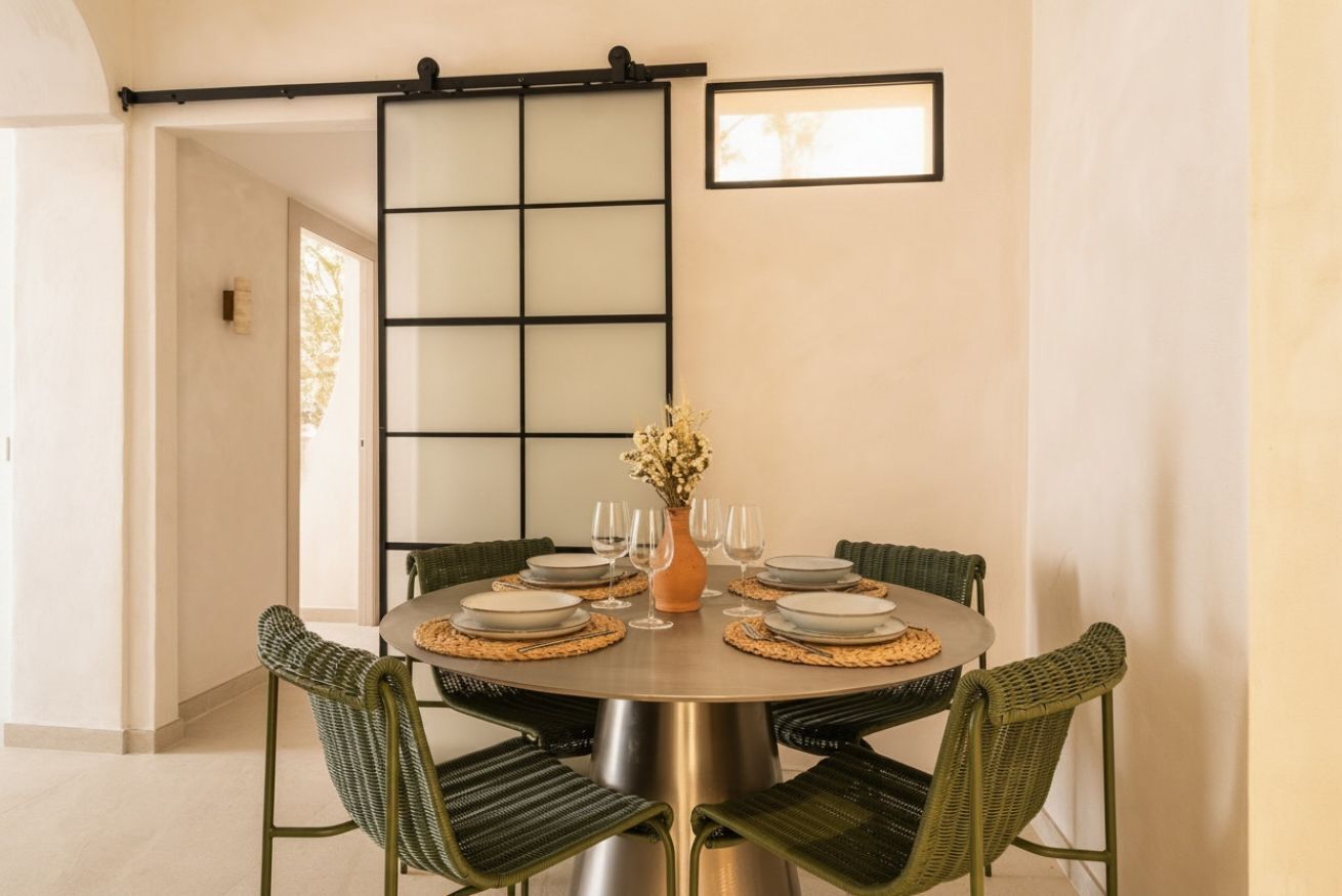 A dining area with a round table set for four, surrounded by green upholstered chairs.