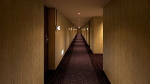 A long, narrow hallway with wooden walls and carpeted floors, illuminated by wall-mounted lights.