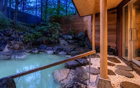 A hot spring area with a wooden deck, rocks, and a wooden building with glass doors.