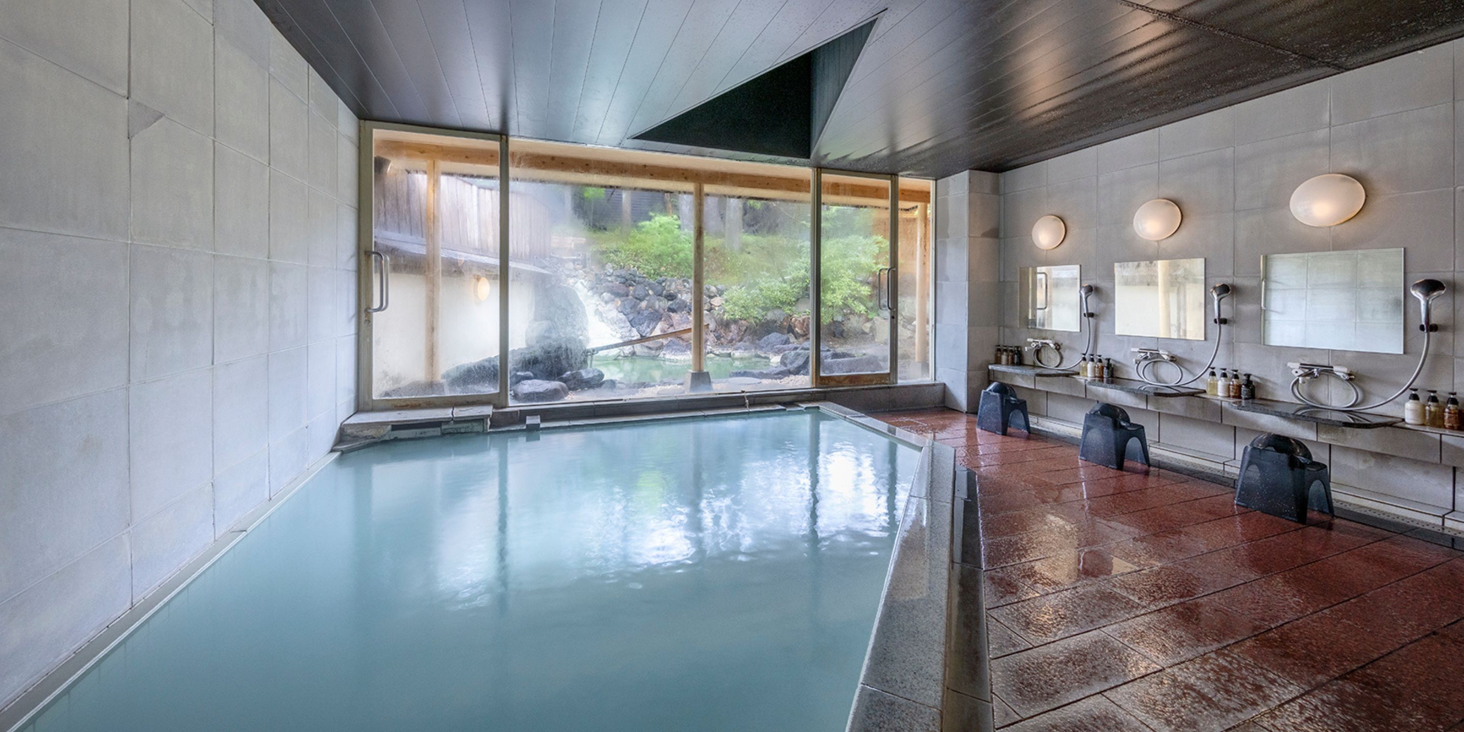 A modern indoor swimming pool with a view of a garden through large windows.