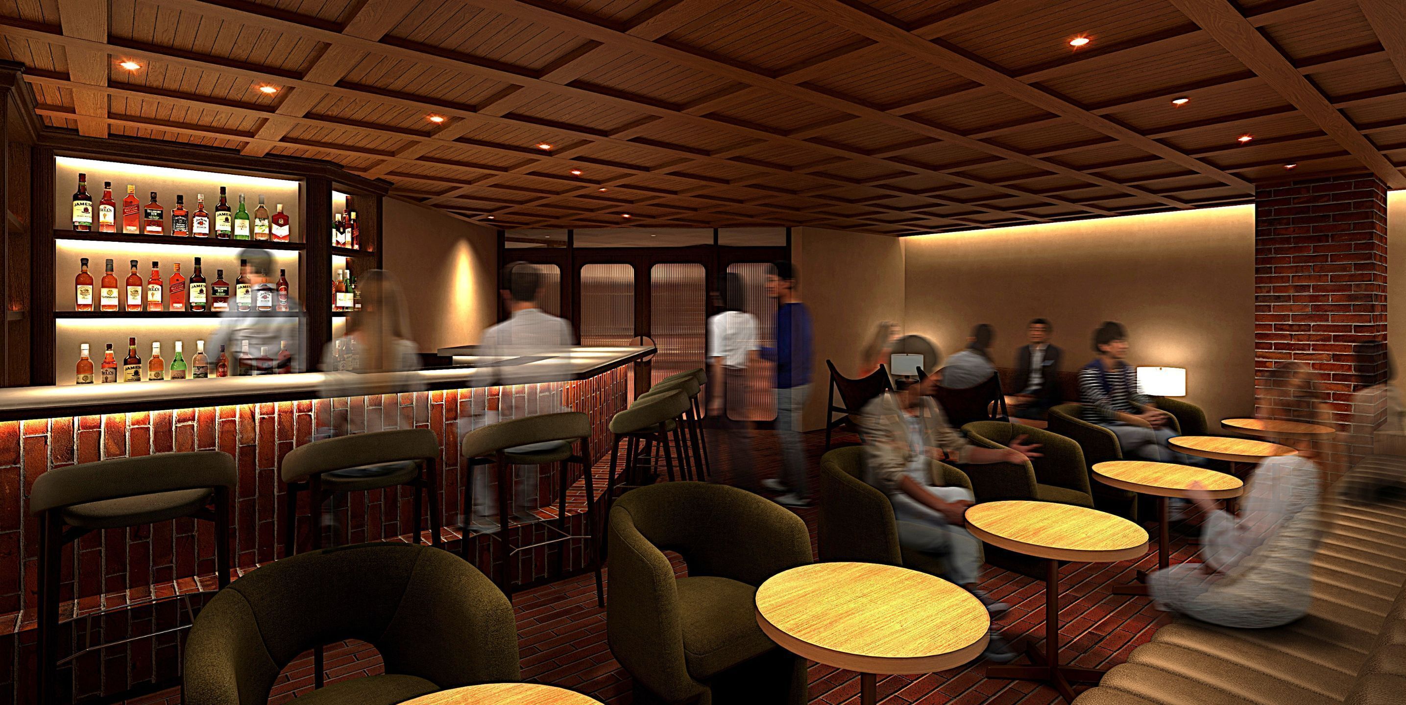 A bar area with a wooden ceiling and brick walls, featuring a variety of liquor bottles and seating arrangements.