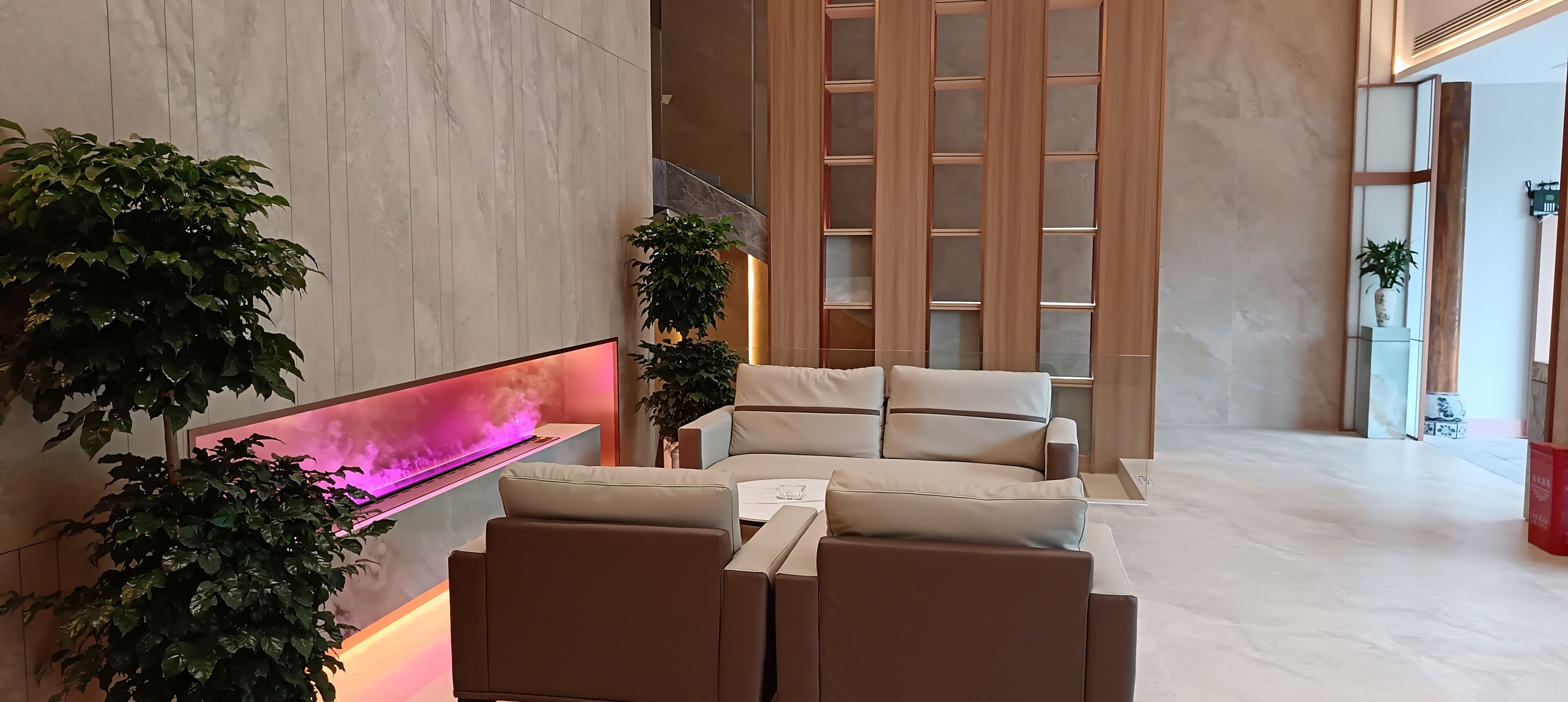 A modern lounge area with a sofa, a flat-screen TV, and decorative plants.