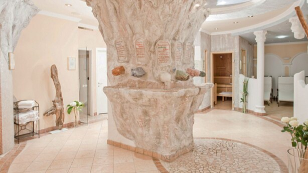 Een wellnessruimte met een groot rotsdecor, een receptiebalie en een ronde mozaïekvloer.