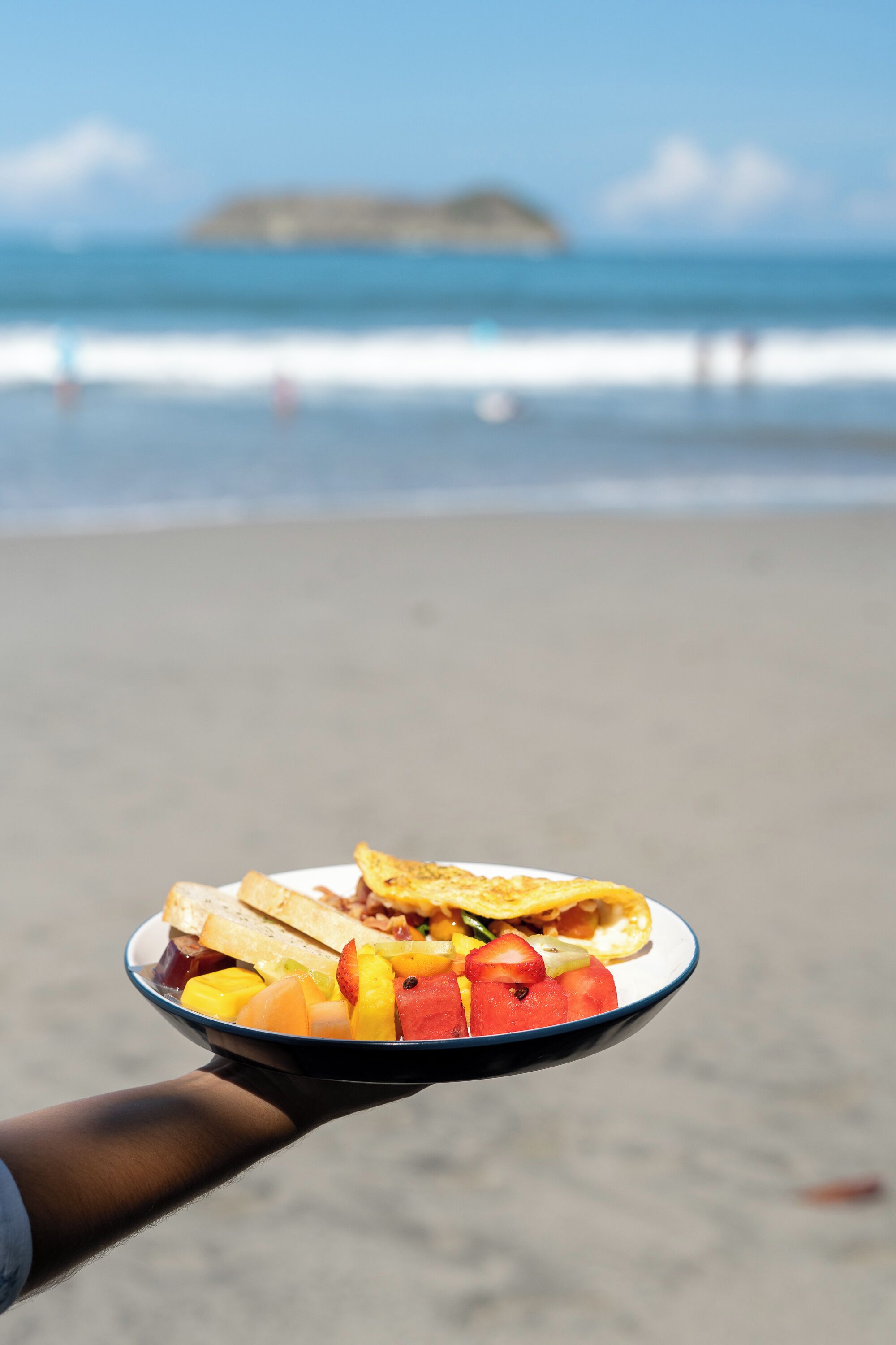 A plate of food with fruits and a sandwich held over a beach with a distant island.