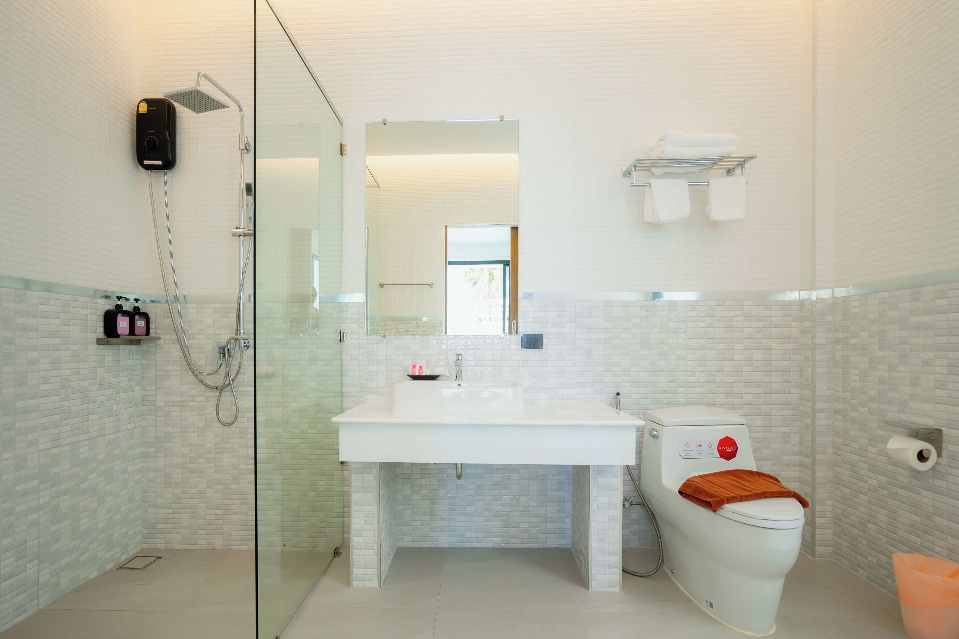 A modern bathroom with a glass shower enclosure, a white sink, and a toilet.