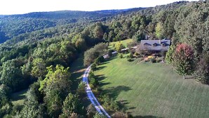 Une propriété rurale avec une maison entourée d’arbres et un chemin sinueux.