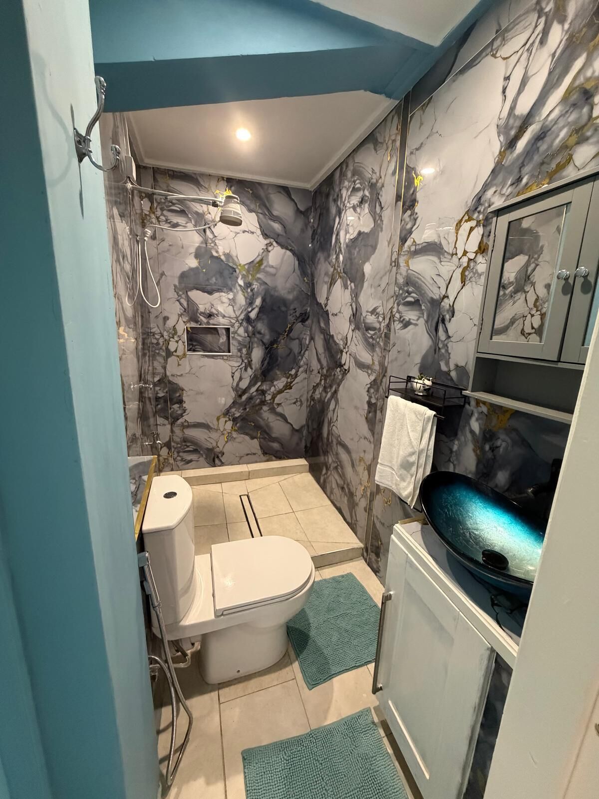 Hair dryer, bidet, towels, soap