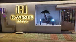 The exterior of the H. Avenue Hotel with a prominent illuminated sign, a small indoor garden with a bonsai tree, and a paved entrance area. - Gimhae H. Avenue (Gimhae)