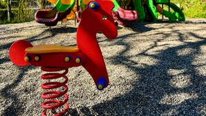 Een speeltuin met een rode schommel in de vorm van een paard en een kleurrijke klimconstructie.