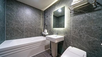 Deluxe Double Room, Non Smoking, City View | Bathroom | Combined shower/tub, hair dryer, towels, soap